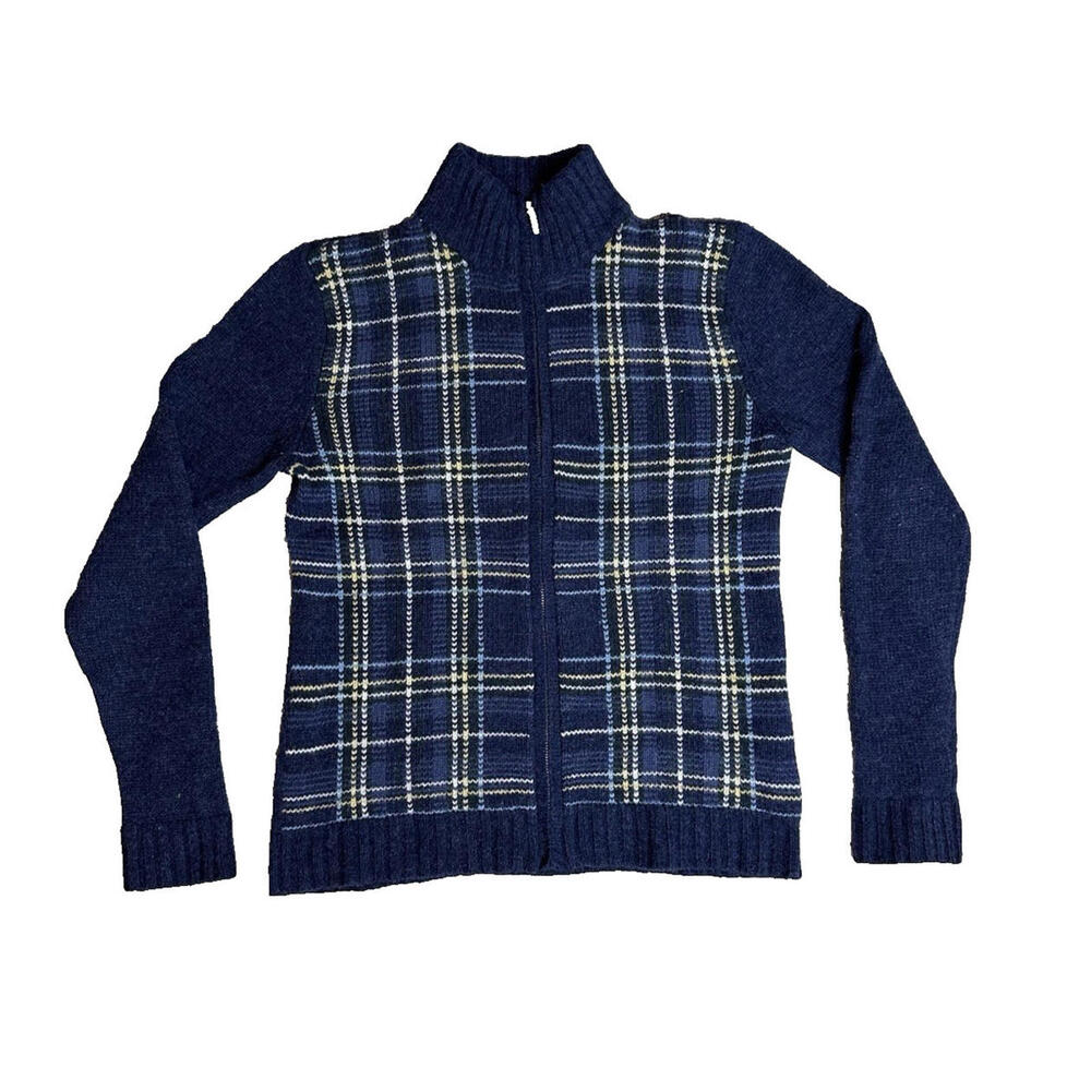Vtg Eddie Bauer Lambswool Plaid Cardigan Sweater Women S Zip Up Long Sleeve Blue